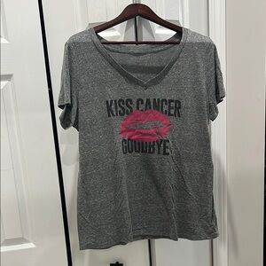Gray V-Neck T-Shirt with Pink Lip Print